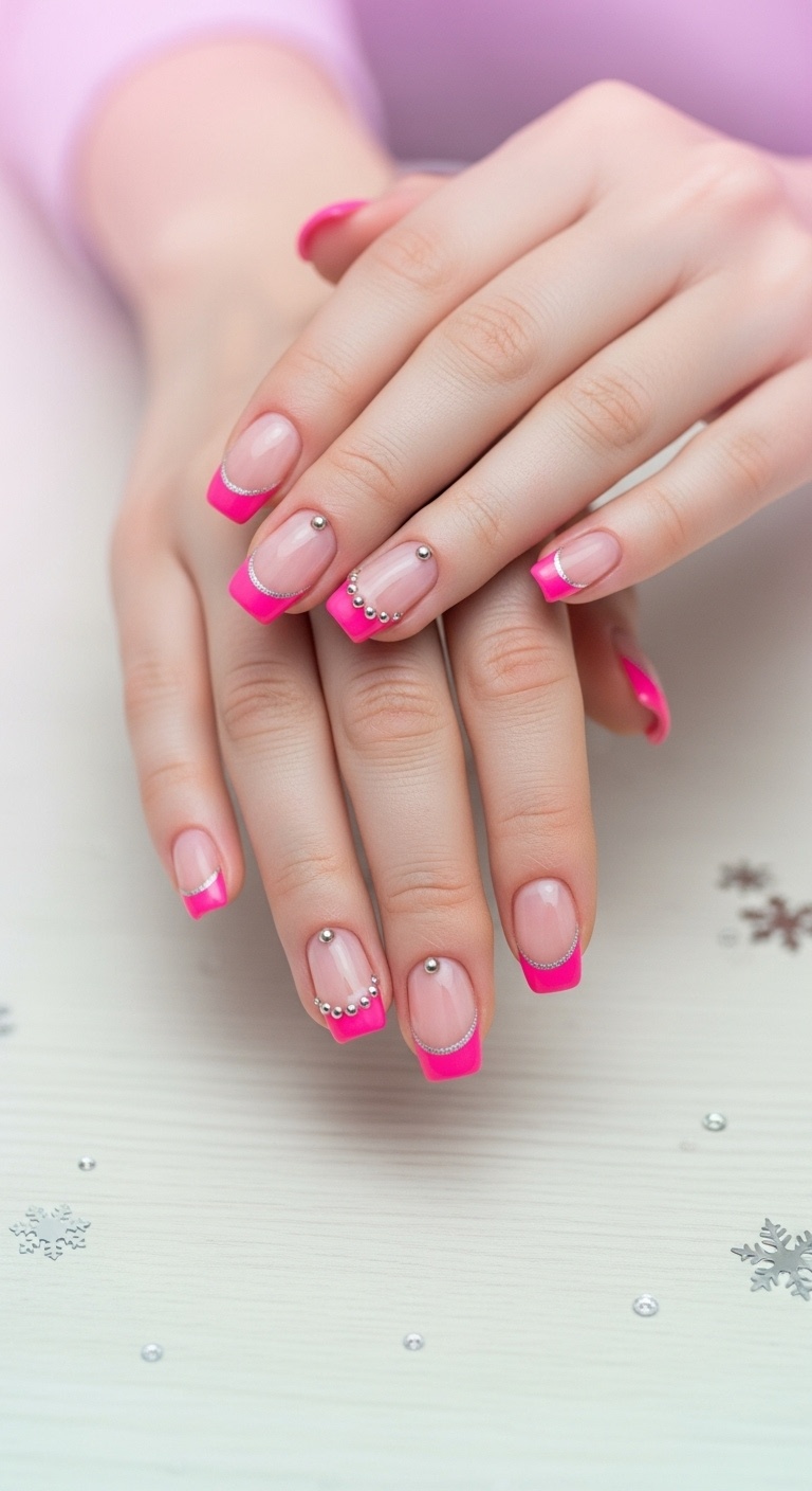 Hot pink French tips with silver studs