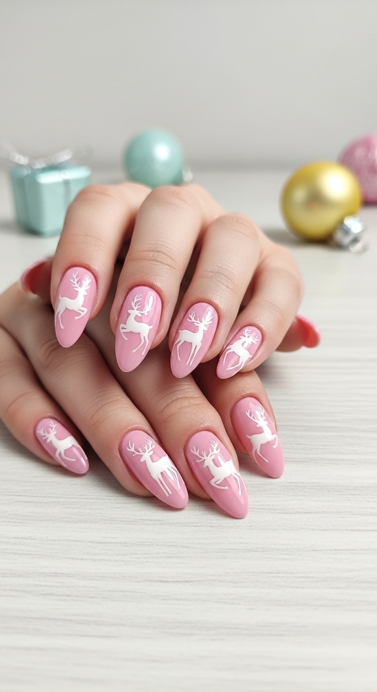 Soft pink base with white reindeer silhouettes