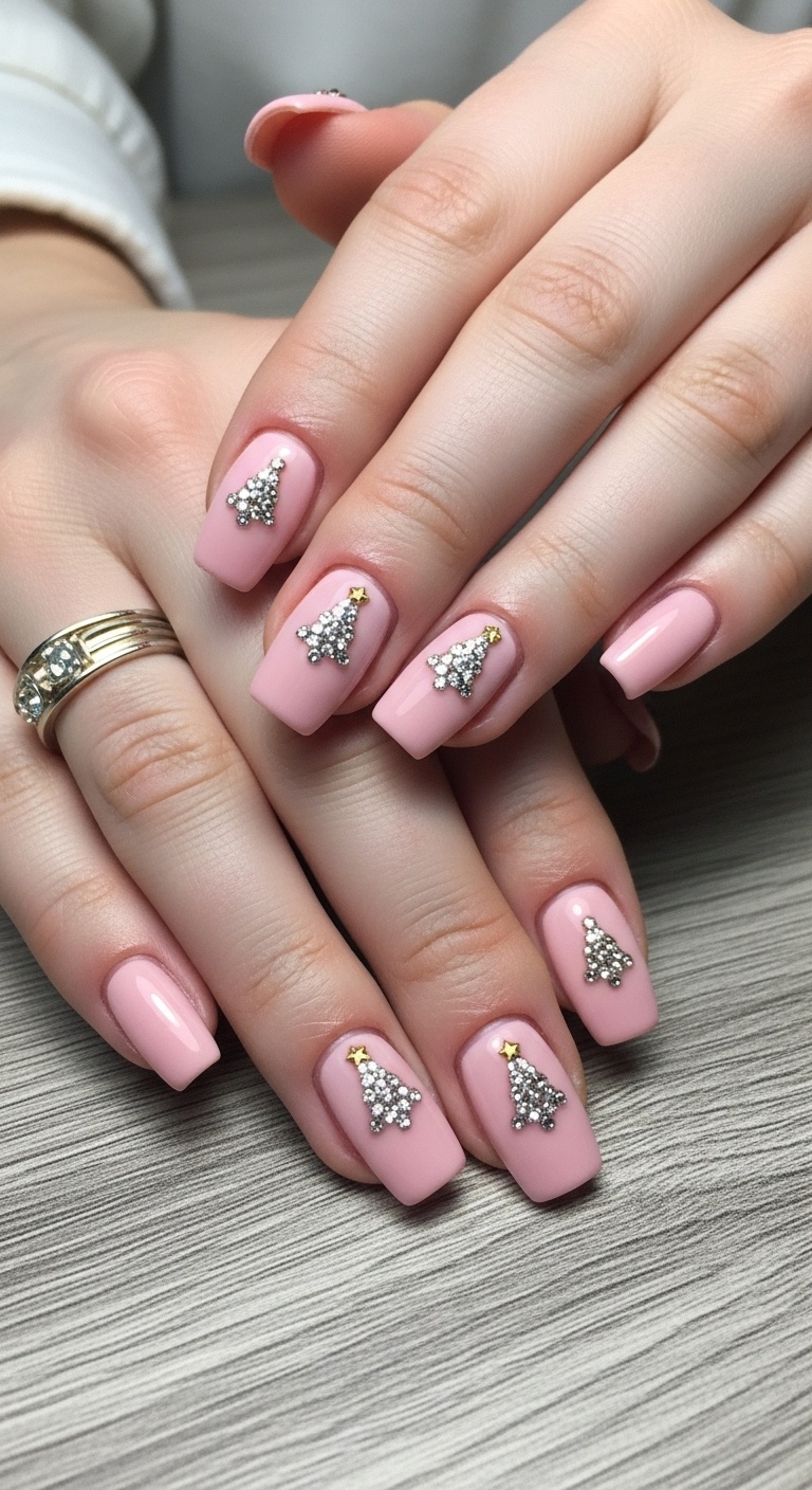 Blush pink with tiny rhinestone Christmas trees