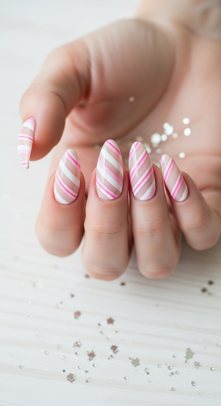 Pink and white striped peppermint nails