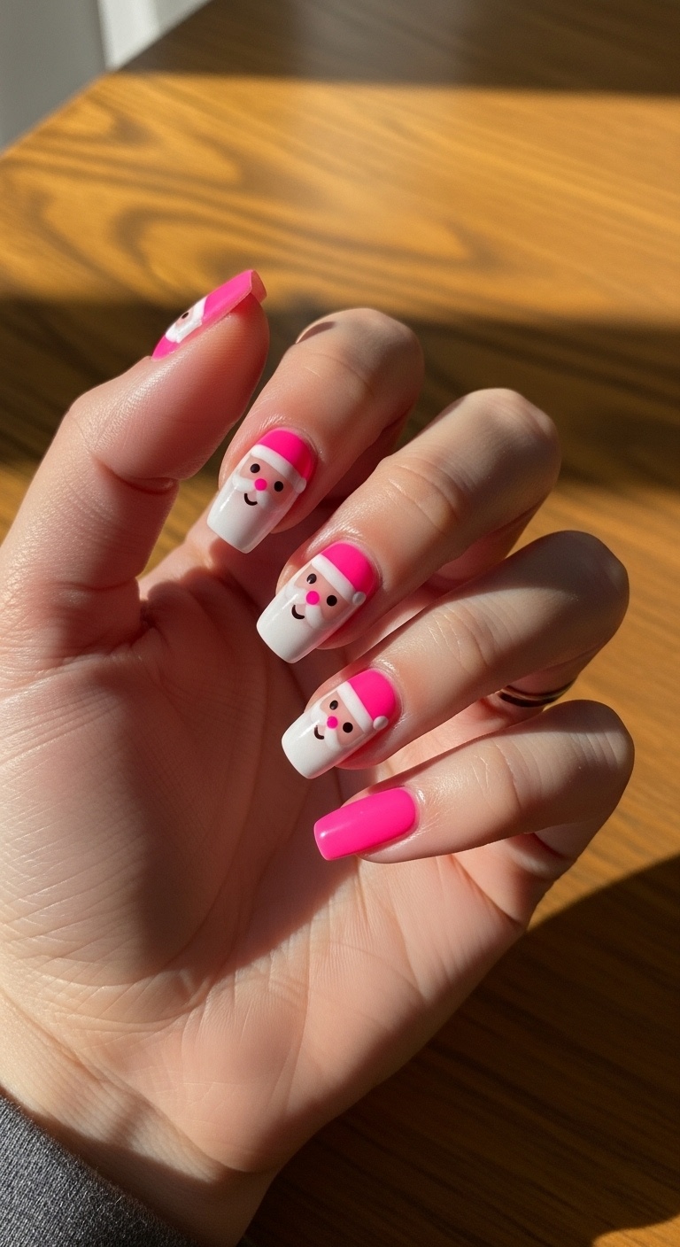 Neon pink with playful Santa faces