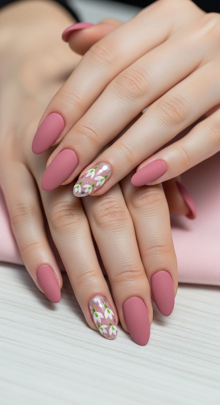 Dusty rose with delicate snowdrop flowers