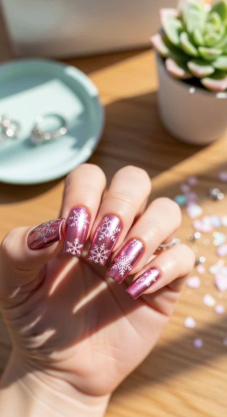 Metallic pink with subtle snowflake etching
