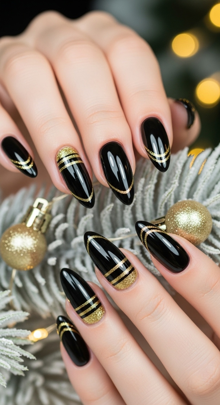 Black French Manicure with Gold Stripes