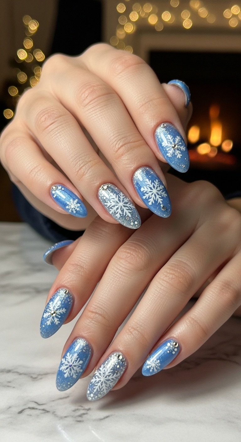 Frosty Blue Almond Nails with Snowflake Accents