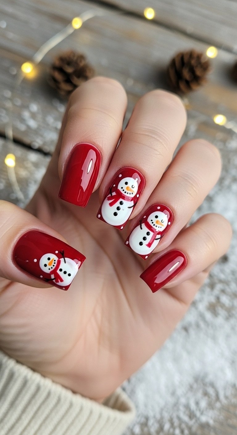 Glossy Deep Red with Tiny Snowmen