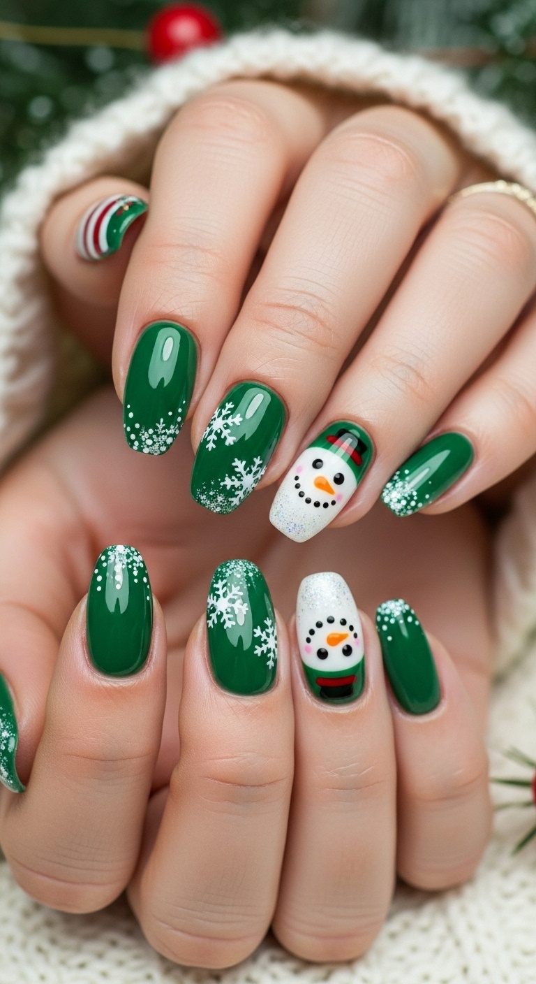 Snowman Faces on Accent Nails