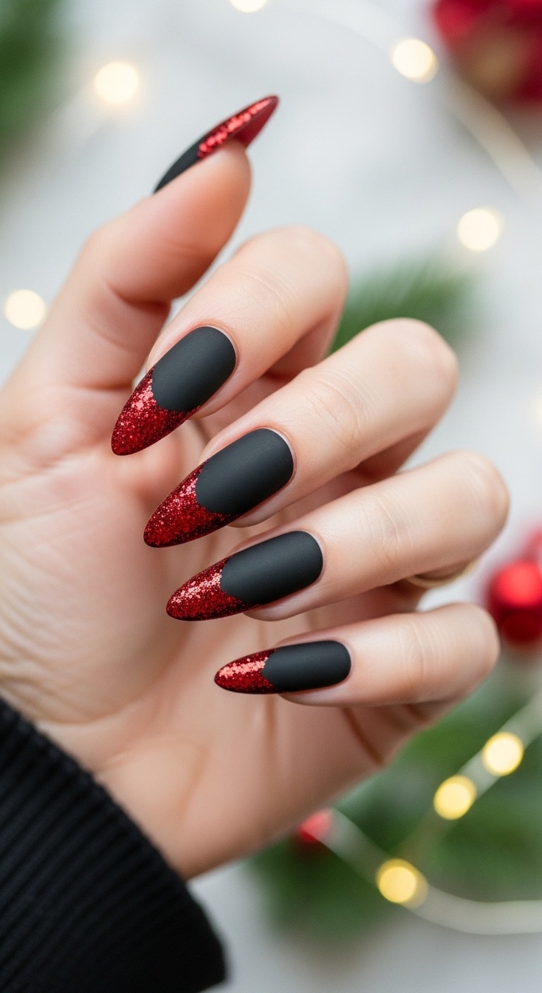 Matte Black with Red Glitter Tips