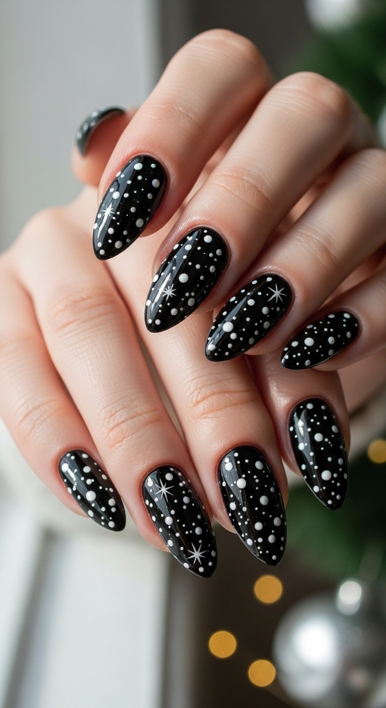 Glossy Black Nails with Tiny White Dots