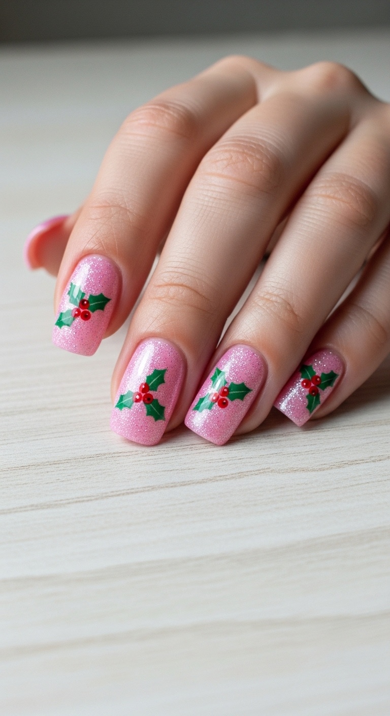 Bright pink glitter with tiny holly decals