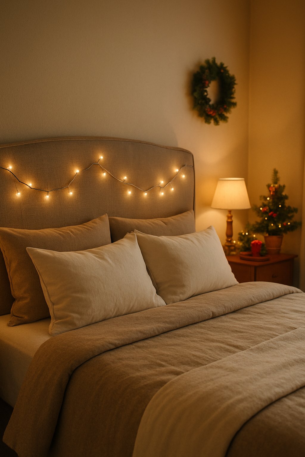 A bedroom with a headboard decorated with twinkling fairy lights and subtle Christmas decorations creating a warm and cozy atmosphere.