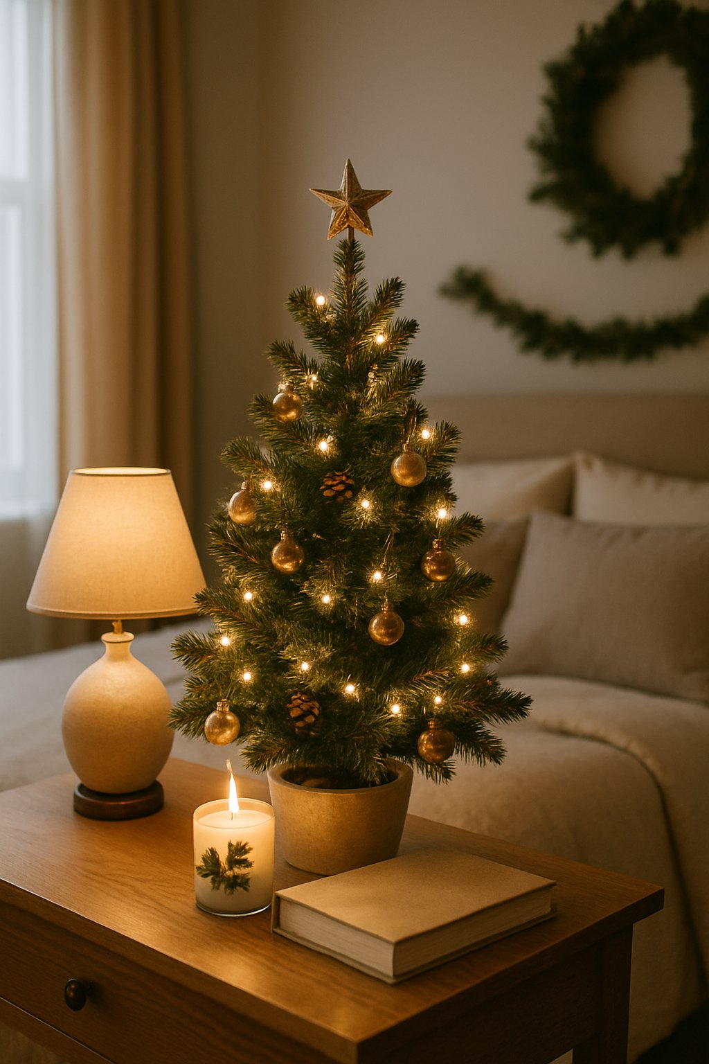 A small decorated Christmas tree on a bedside table next to a lamp and book in a bedroom with a made bed and holiday decorations.