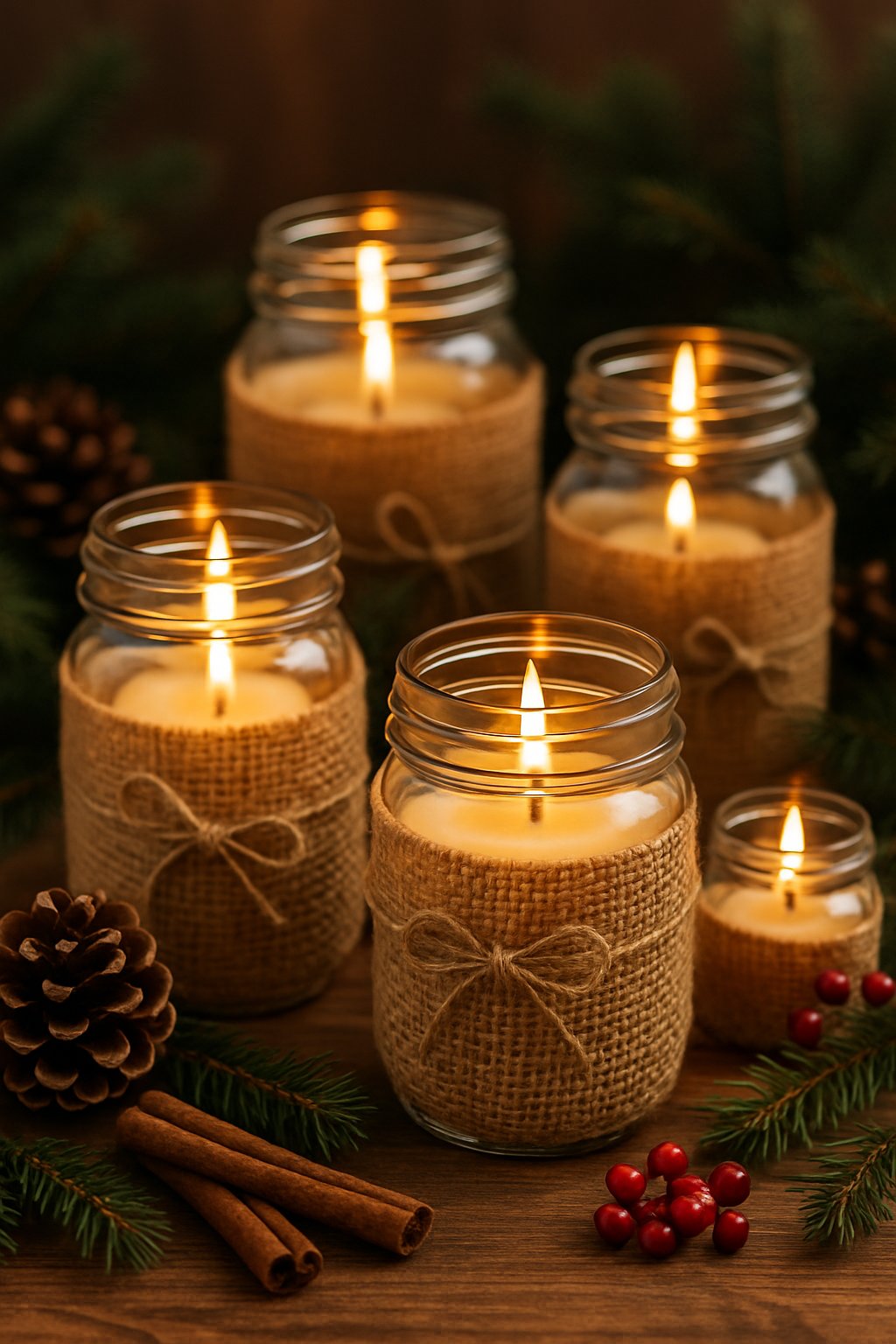 Mason jar candles wrapped in burlap placed on a wooden surface with Christmas decorations including pine cones and evergreen sprigs.