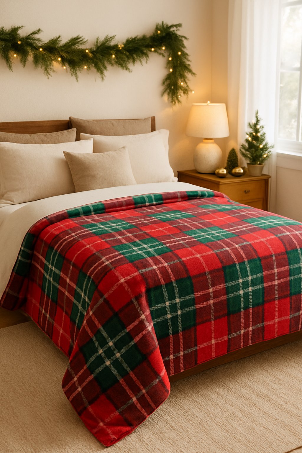 A bedroom with a bed covered by a red and green plaid Christmas throw blanket and decorated with festive holiday accents.