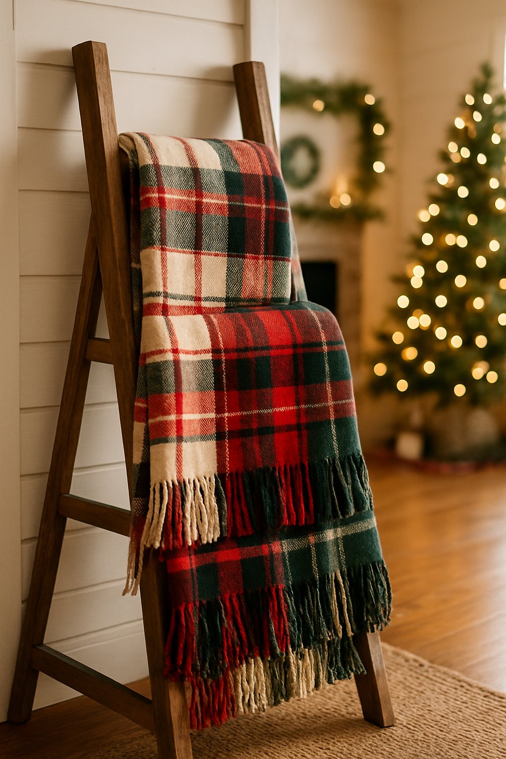 Plaid throw blankets hanging on a wooden ladder in a farmhouse decorated for Christmas.