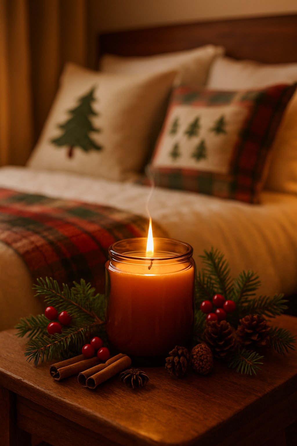 A lit cinnamon-scented soy candle on a wooden nightstand surrounded by Christmas decorations in a cozy bedroom.
