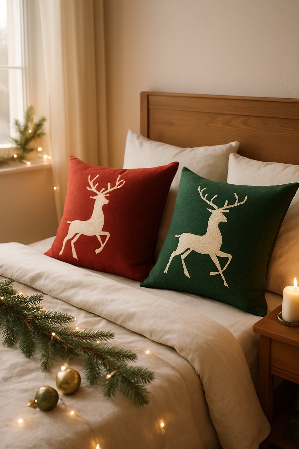 A bedroom with red and green reindeer-patterned pillows on a bed surrounded by Christmas decorations.