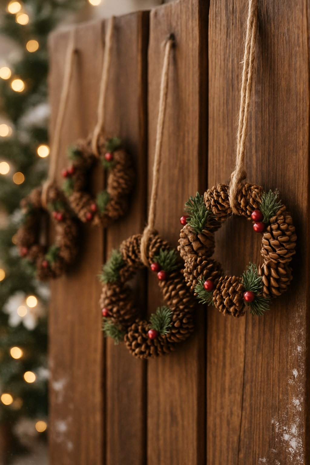Close-up of miniature pinecone wreath door hangers hanging on wooden doors with Christmas decorations.