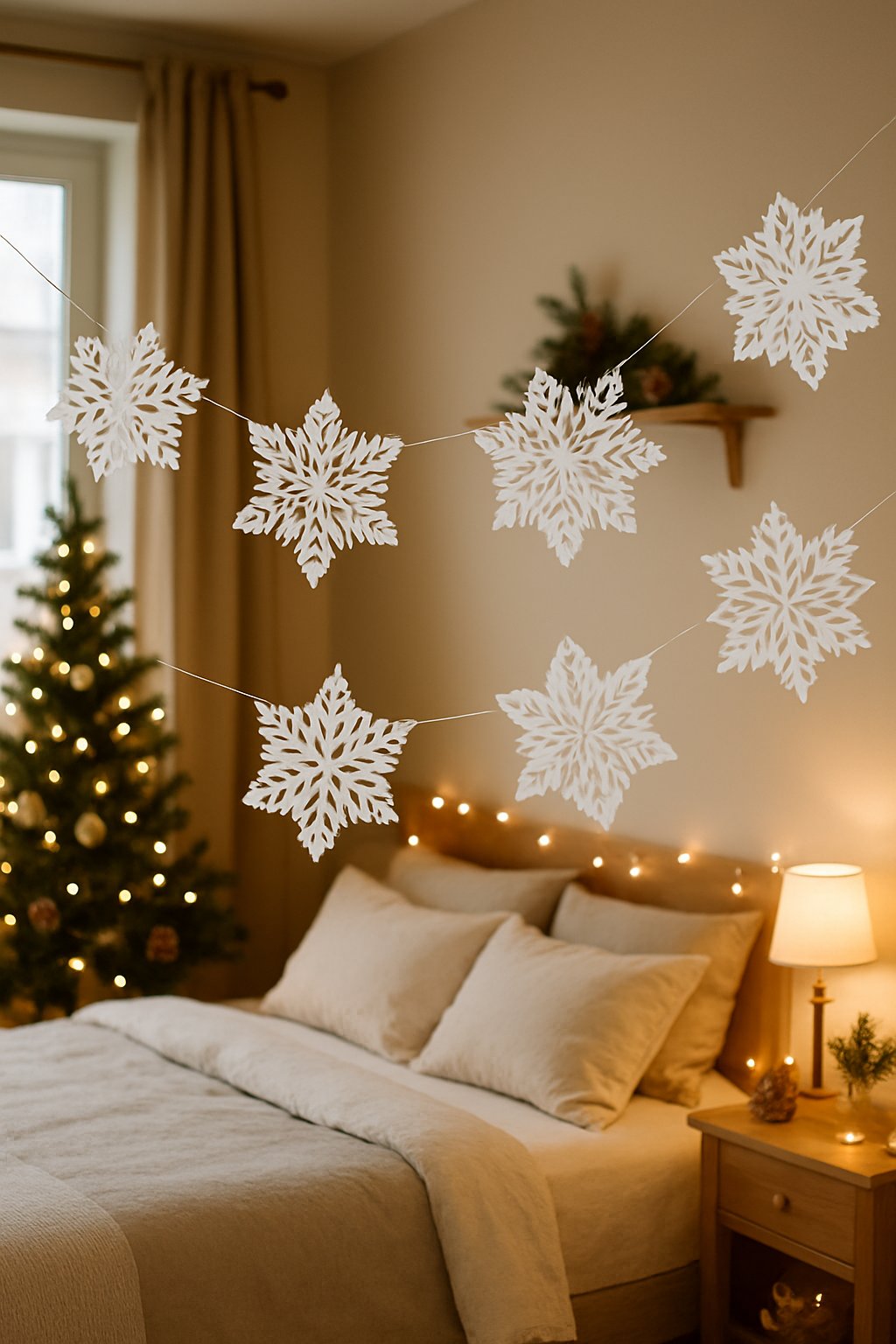 A bedroom decorated for Christmas with a white paper snowflake garland hanging above the bed and holiday decorations around the room.