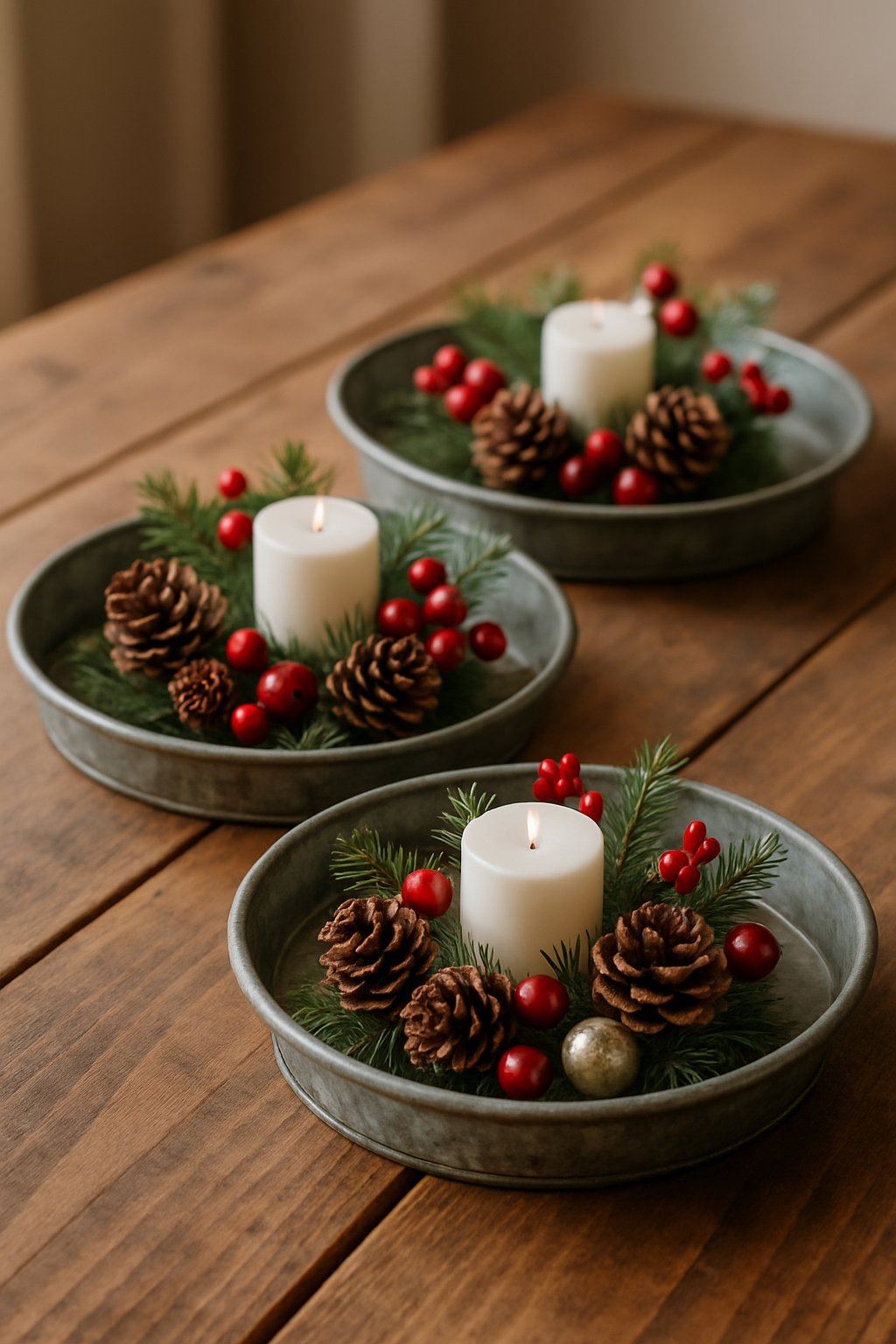 Vintage galvanized metal trays decorated with pinecones, evergreen sprigs, red berries, and candles arranged on a wooden table as Christmas centerpieces.
