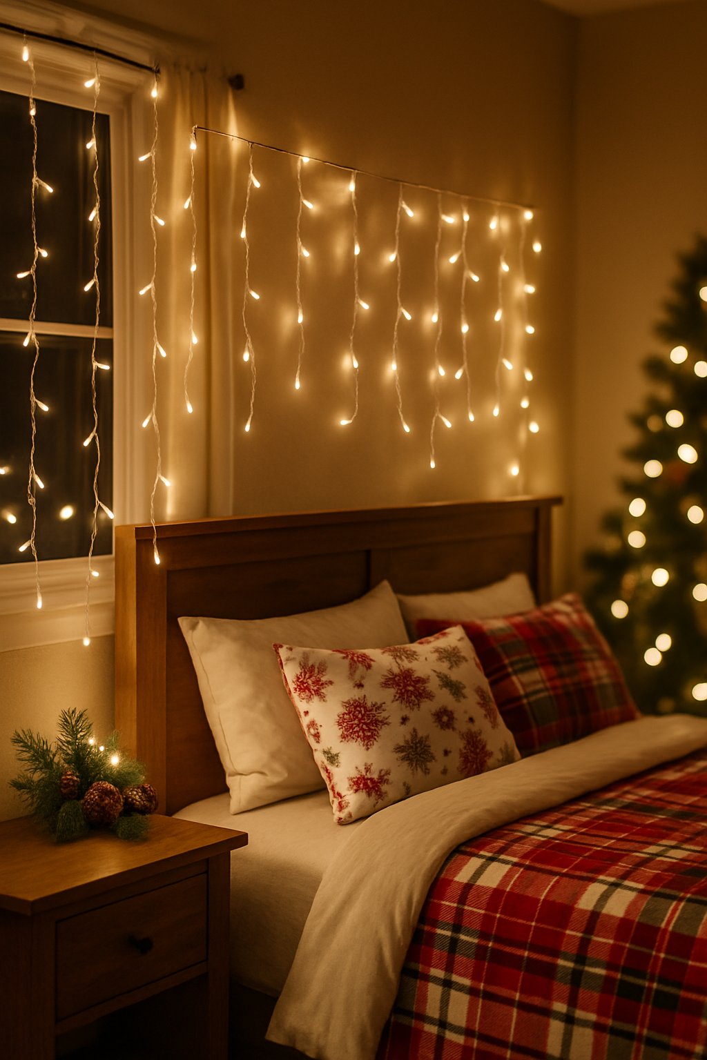 A bedroom decorated for Christmas with battery-powered icicle lights glowing softly around the window and bed.
