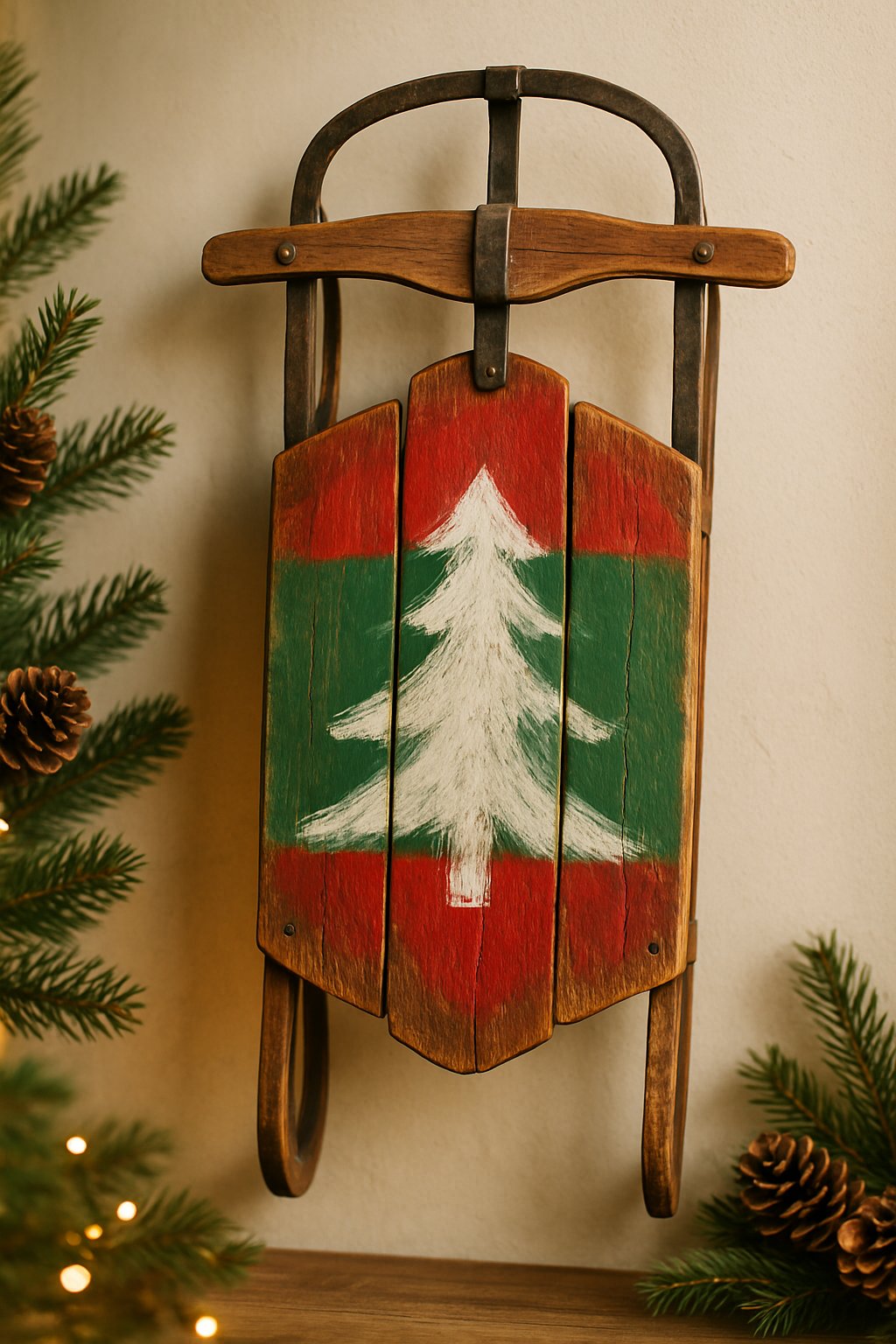 A hand-painted wooden sled hanging on a wall decorated with pine branches and fairy lights for Christmas.
