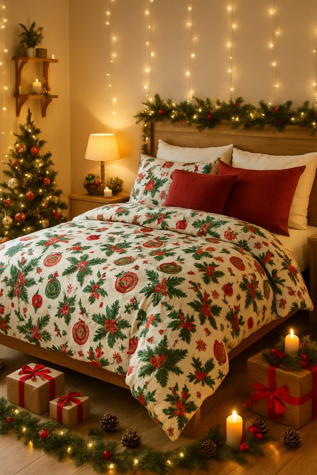 A bedroom with a bed covered in a Christmas-themed duvet surrounded by holiday decorations including a small Christmas tree, wrapped presents, and string lights.