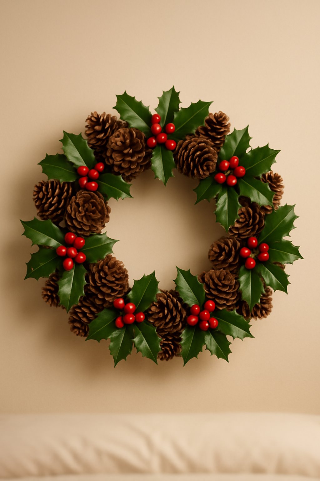 A Christmas wreath made of pine cones and holly with red berries displayed against a neutral background.