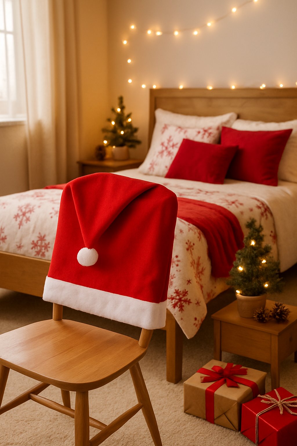 A wooden chair covered with a red Santa hat chair cover in a bedroom decorated for Christmas with a bed, fairy lights, and a small Christmas tree.