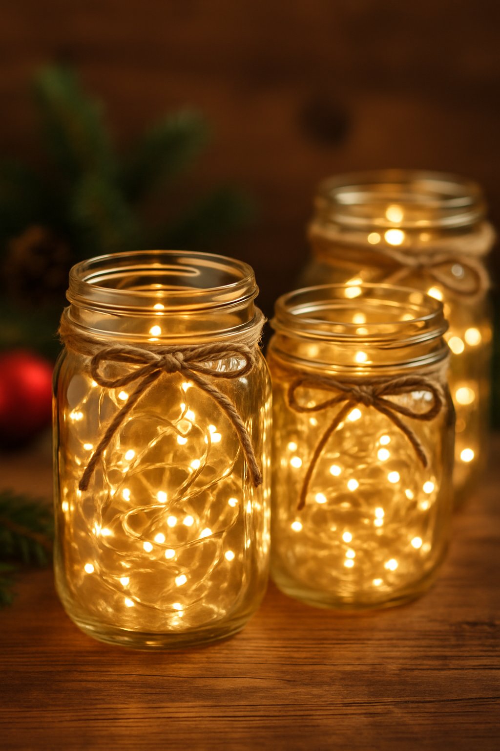 Mason jars wrapped with jute twine and filled with glowing fairy lights on a wooden surface with Christmas decorations in the background.