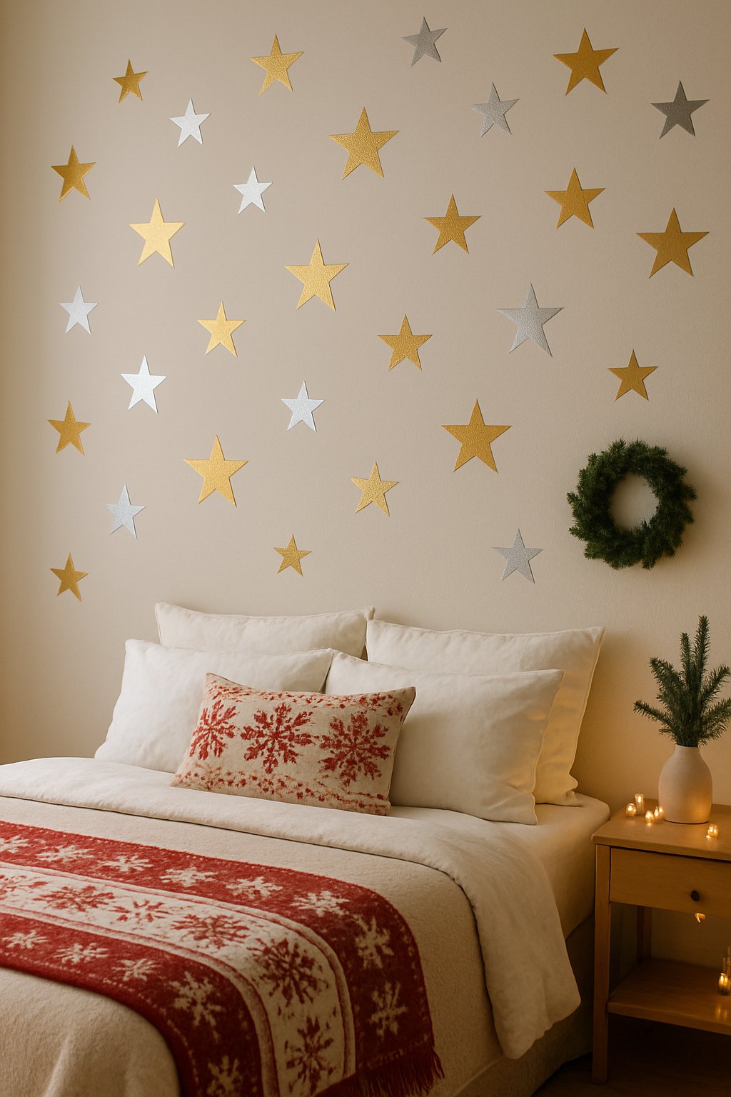 A bedroom decorated with gold and silver star-shaped wall decals on the wall and subtle Christmas decorations.