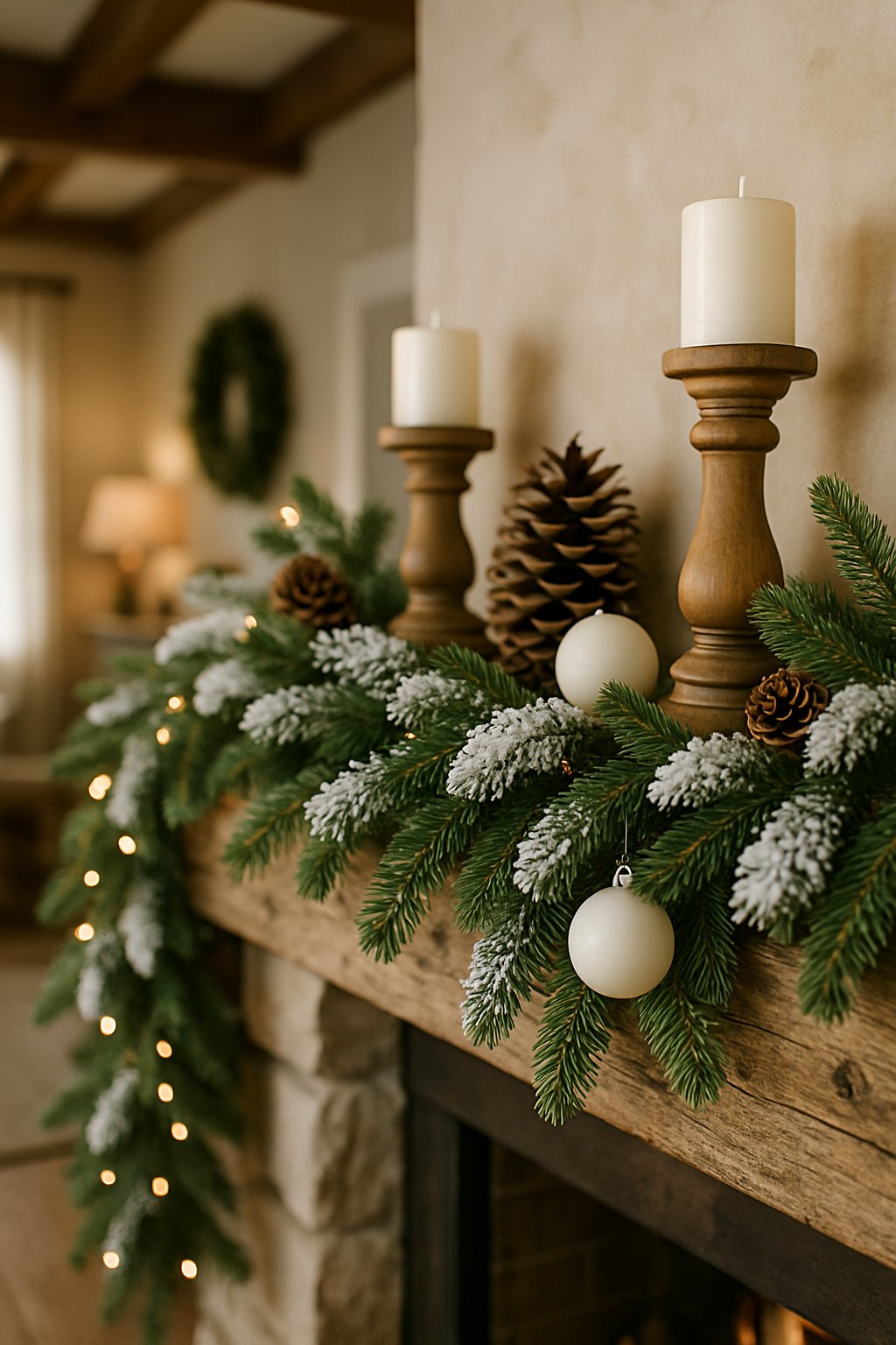 Snow-dusted evergreen garlands arranged on a rustic mantel with pinecones and candles in a cozy farmhouse setting.