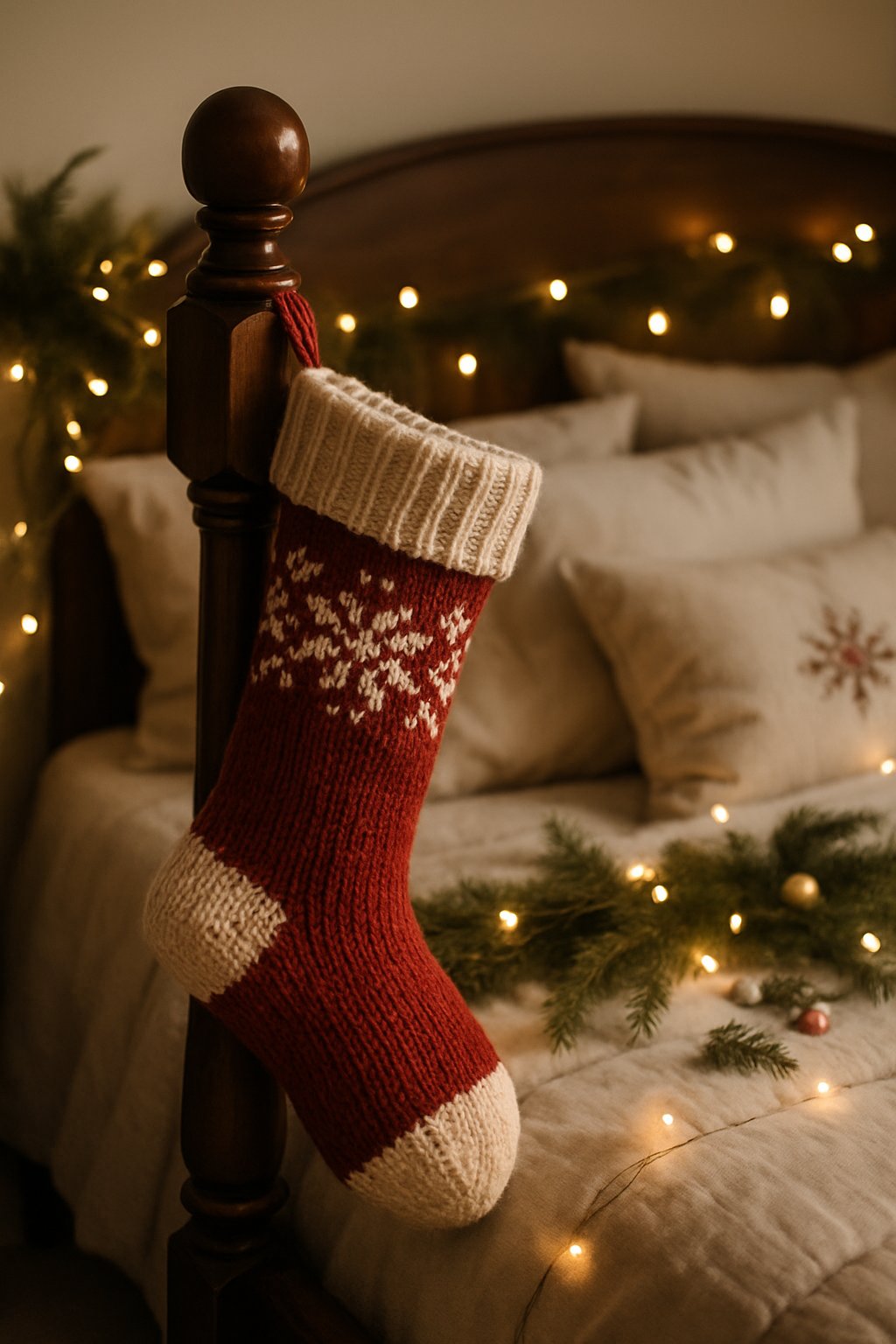 A warm knit Christmas stocking hanging on a wooden bedpost in a decorated bedroom.