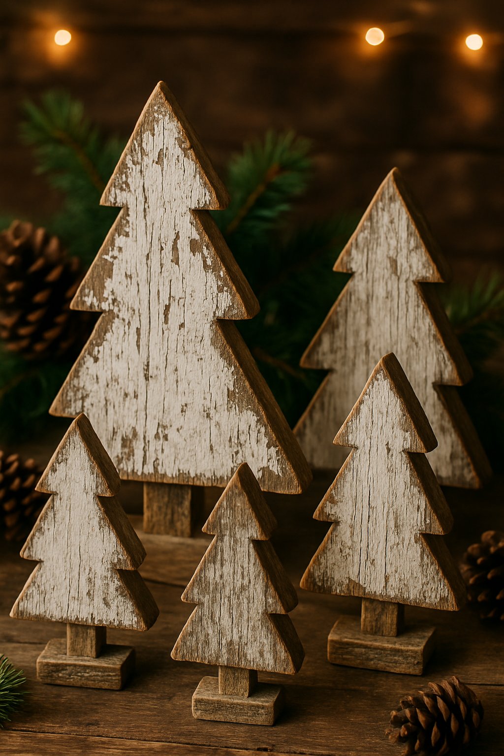 A collection of distressed wood Christmas tree signs displayed on a rustic wooden surface with pine cones and evergreen sprigs.