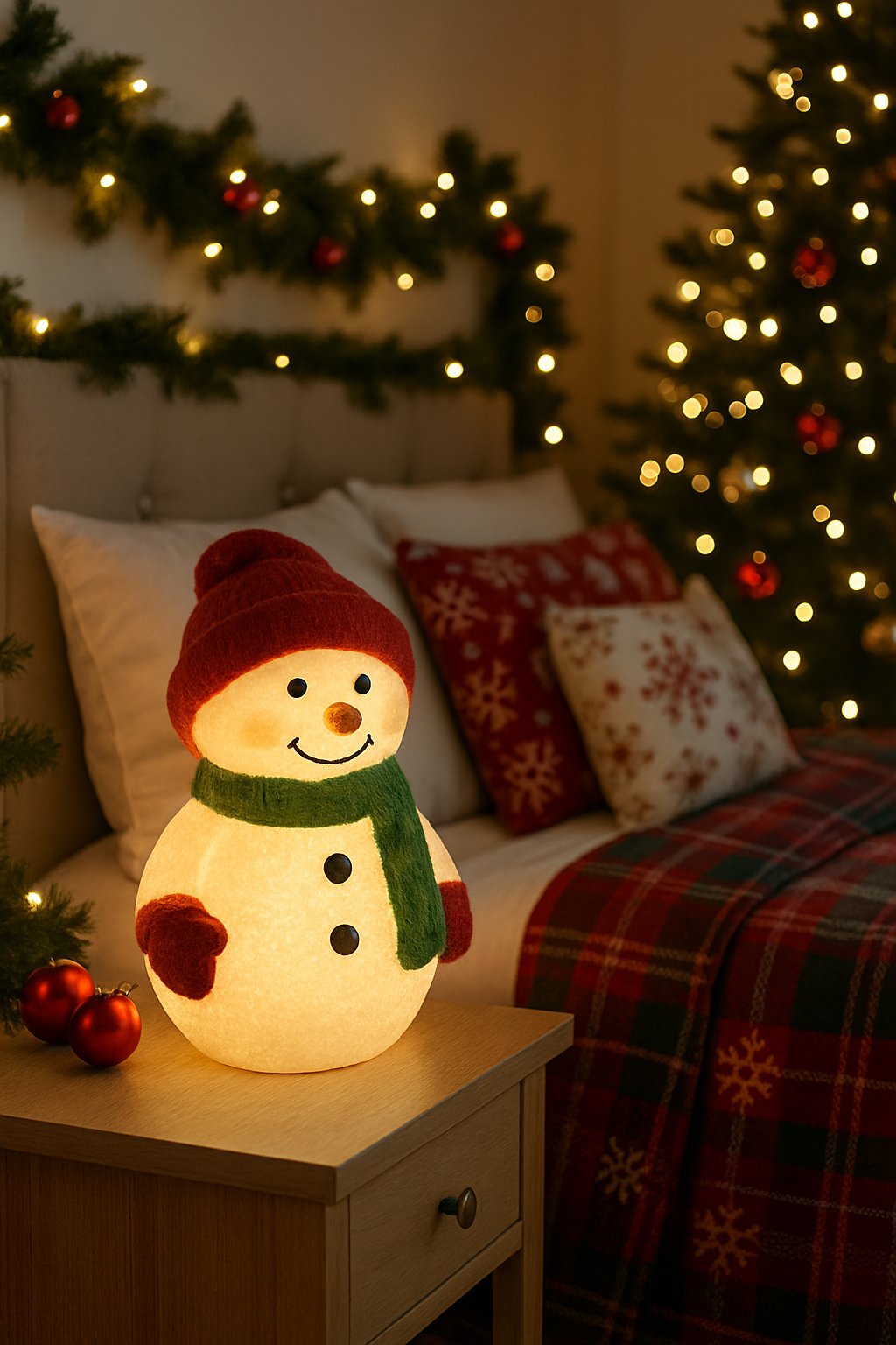 A bedroom with a glowing snowman table lamp on a bedside table surrounded by Christmas decorations.
