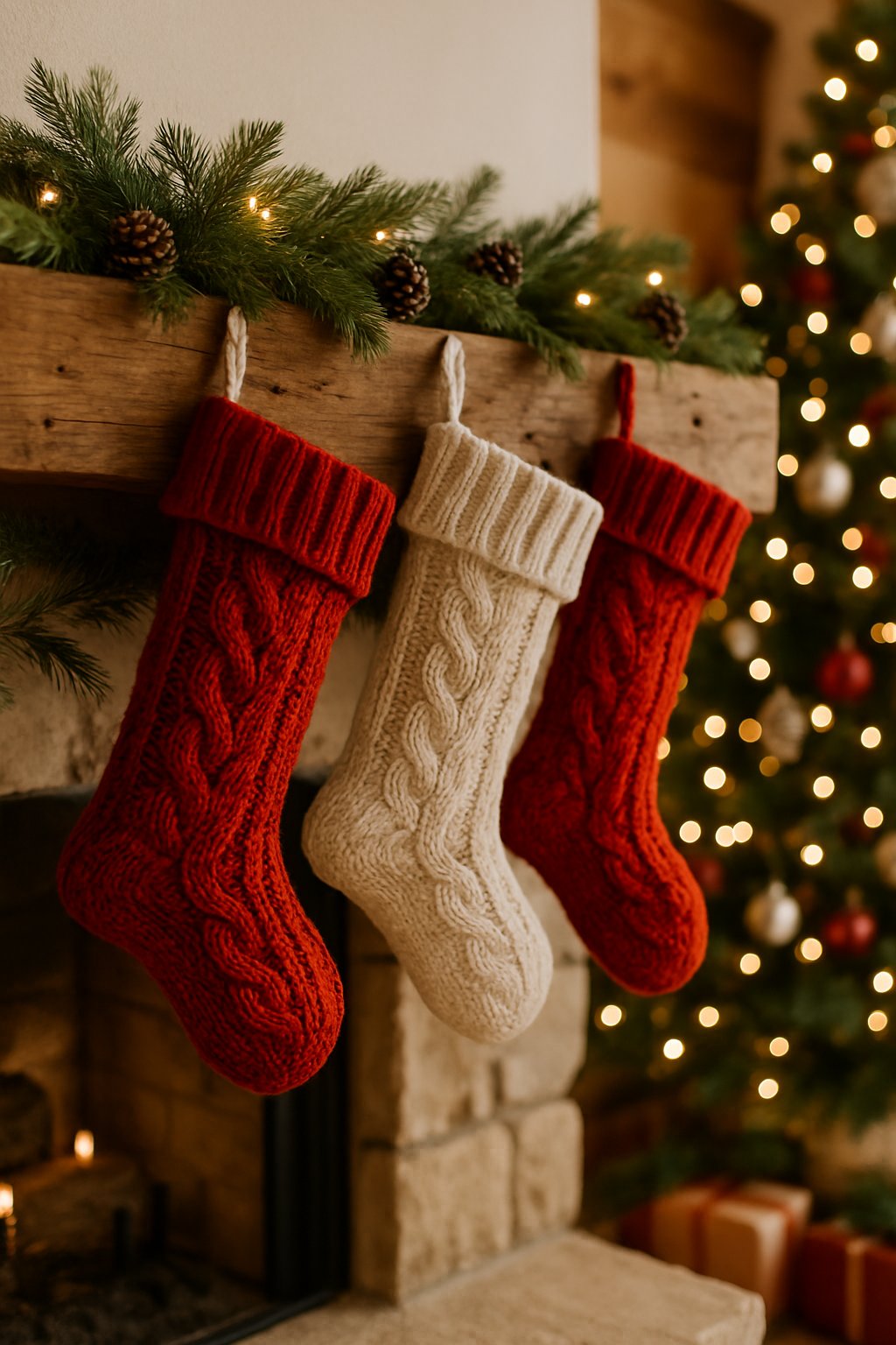 Knitted red and white Christmas stockings hanging from a wooden mantel decorated with pine garlands and fairy lights in a cozy holiday setting.