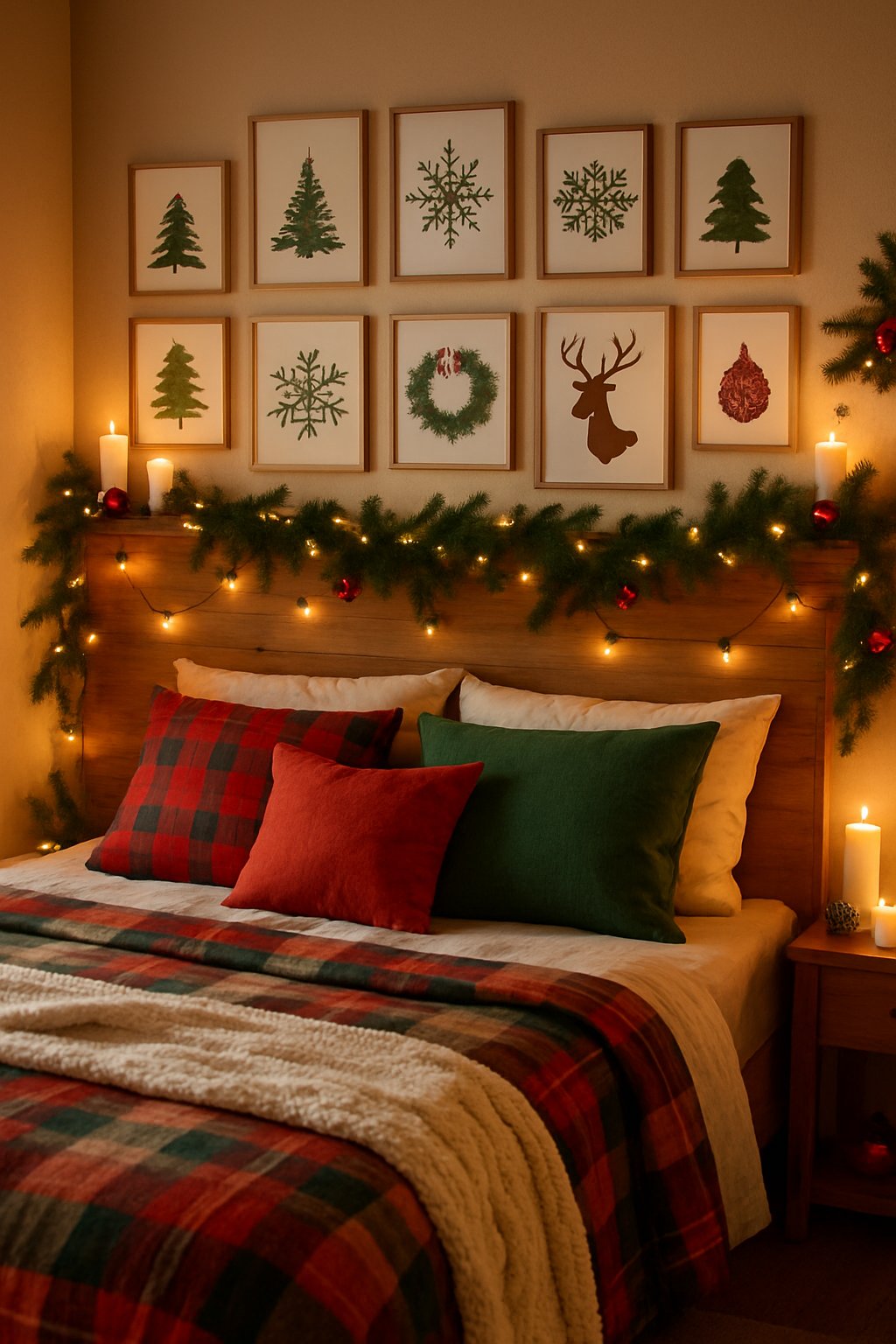 A cozy bedroom decorated for Christmas with festive wall art, warm lighting, and holiday decorations.