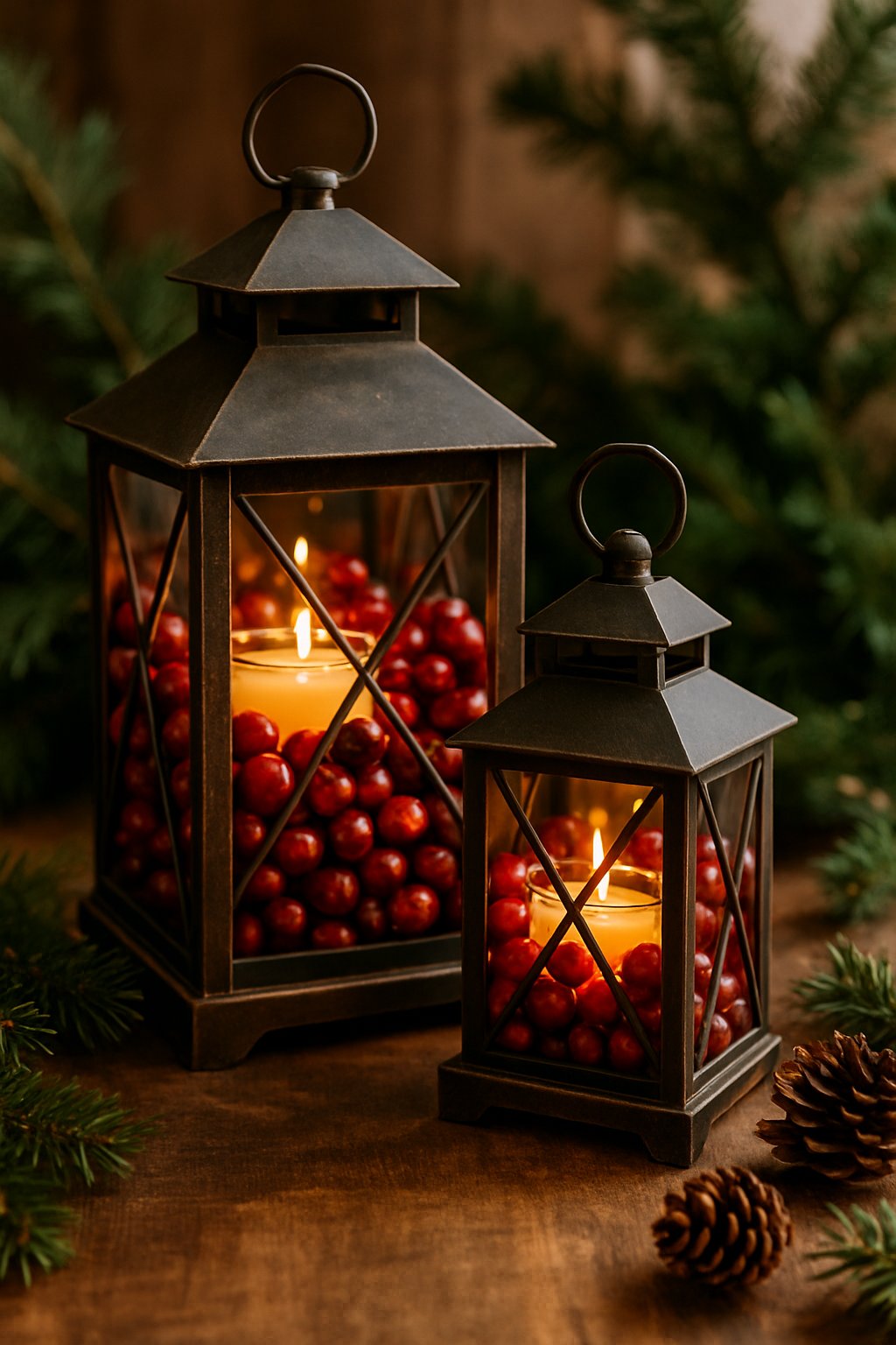 Rustic lanterns filled with red cranberries and lit votive candles on a wooden surface surrounded by pine branches and pinecones.