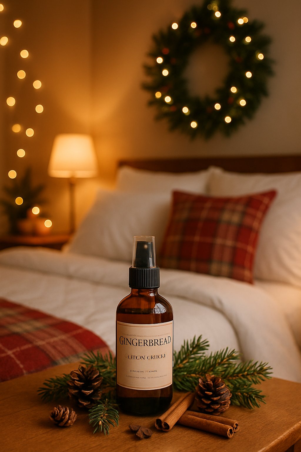 A bedroom with a bed, bedside table holding a bottle of gingerbread-scented pillow spray, pine cones, cinnamon sticks, and Christmas decorations.