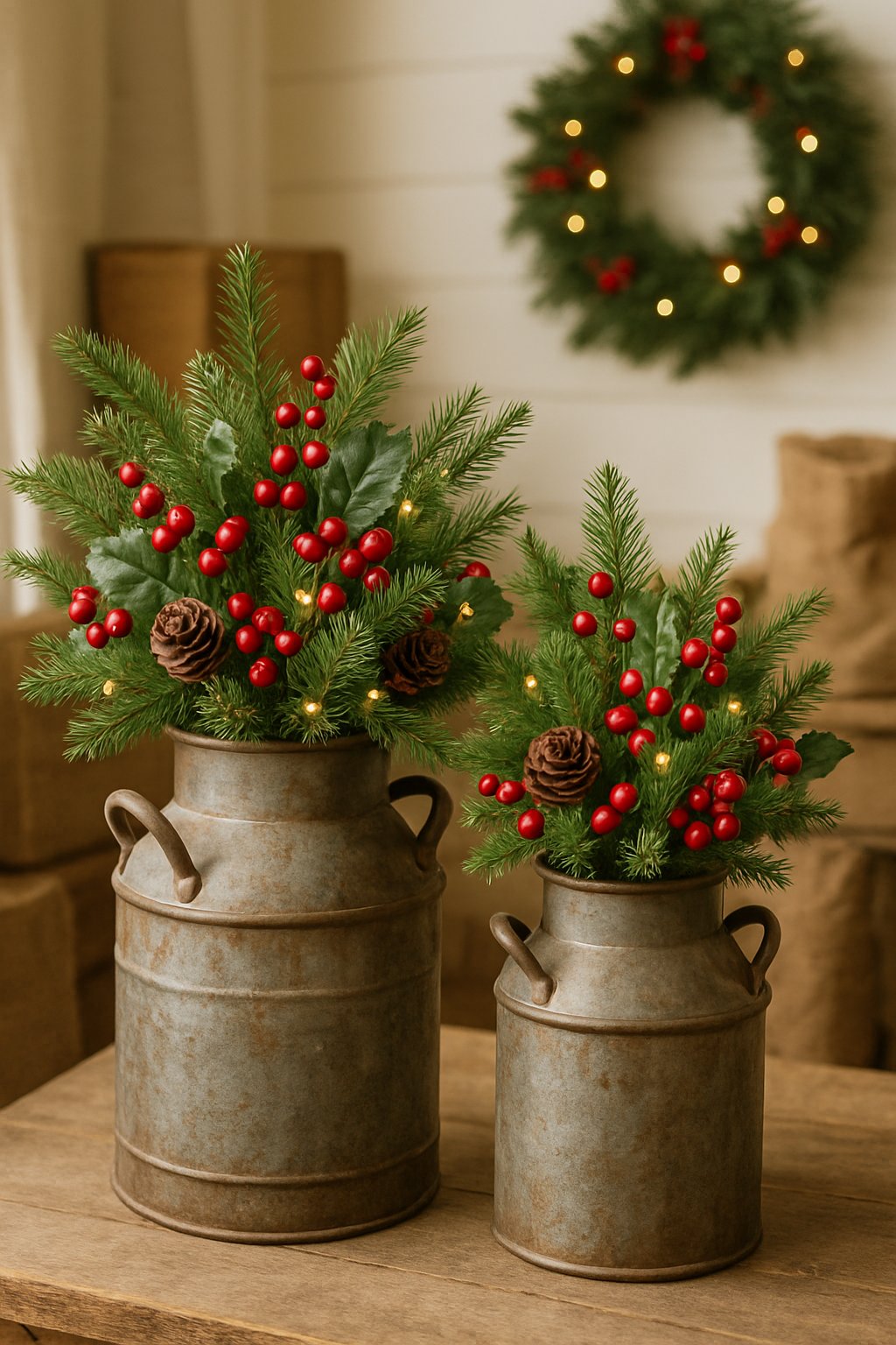 Antique metal milk cans filled with Christmas greenery and red berries arranged on a wooden surface with farmhouse holiday decorations in the background.