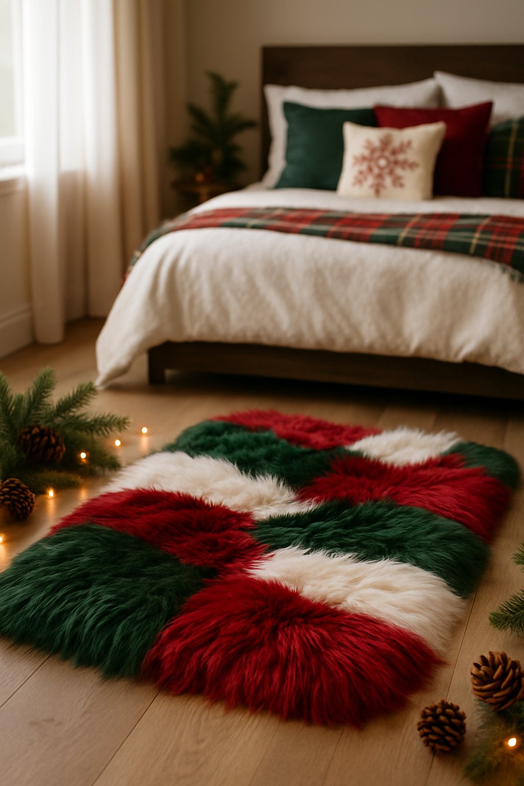 A cozy faux fur rug in holiday colors placed on the floor of a bedroom decorated for Christmas with pinecones, evergreen branches, and warm string lights.