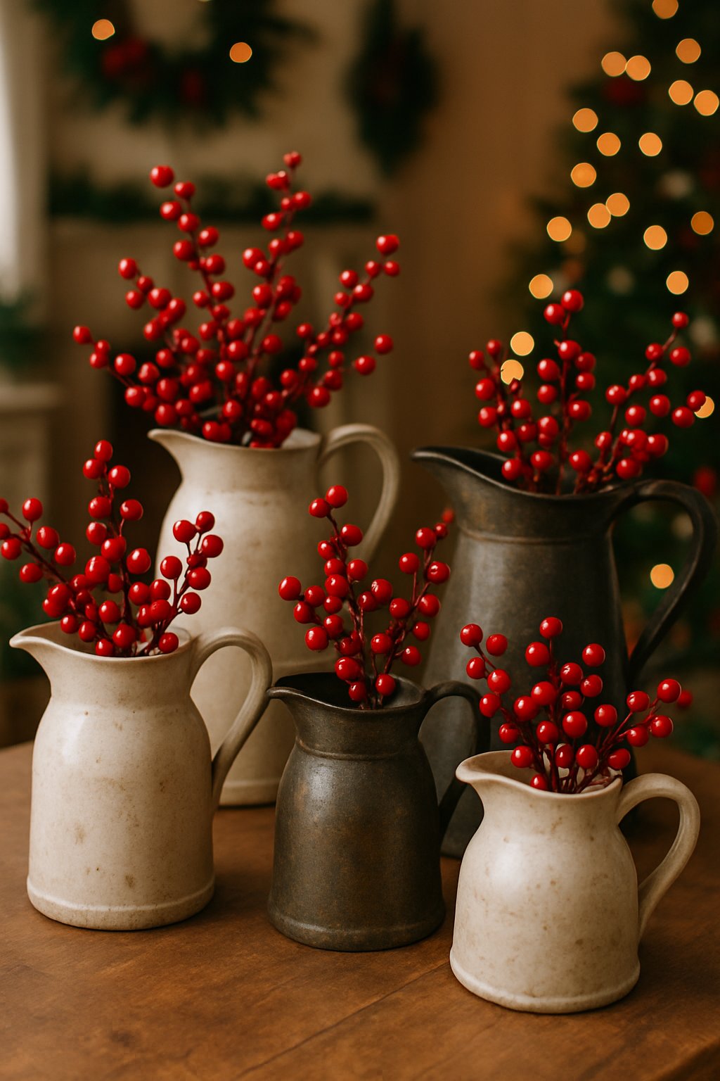 Several rustic farmhouse pitchers filled with red berry sprigs arranged on a wooden surface.