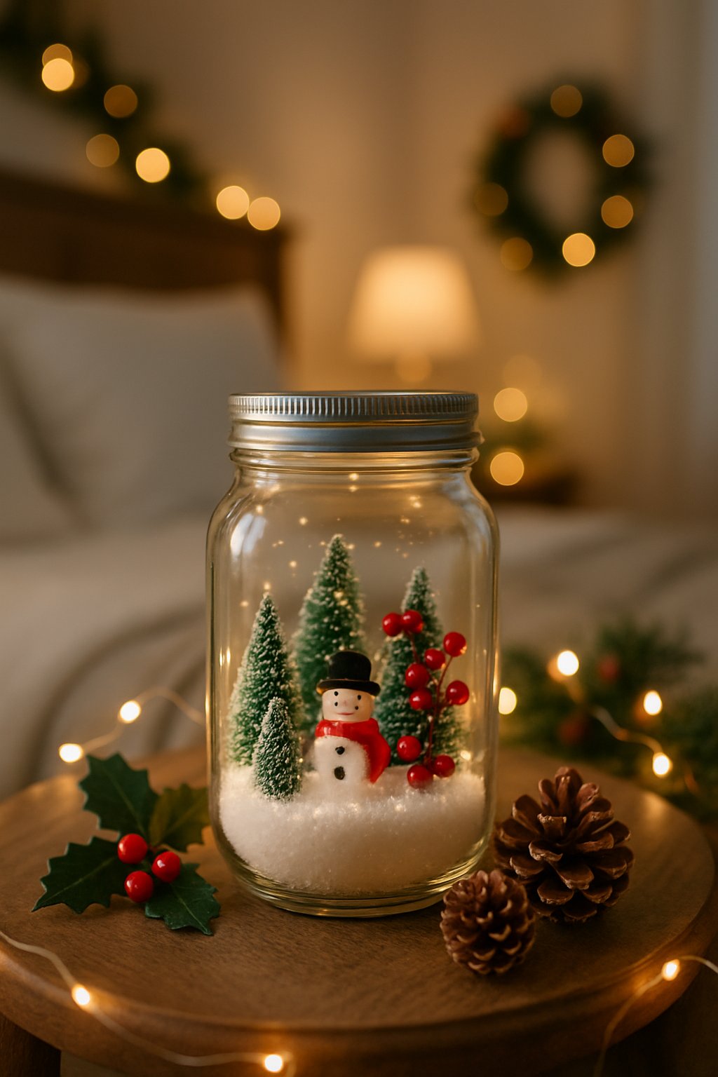 A Mason jar snow globe centerpiece with miniature Christmas decorations on a bedside table in a bedroom.