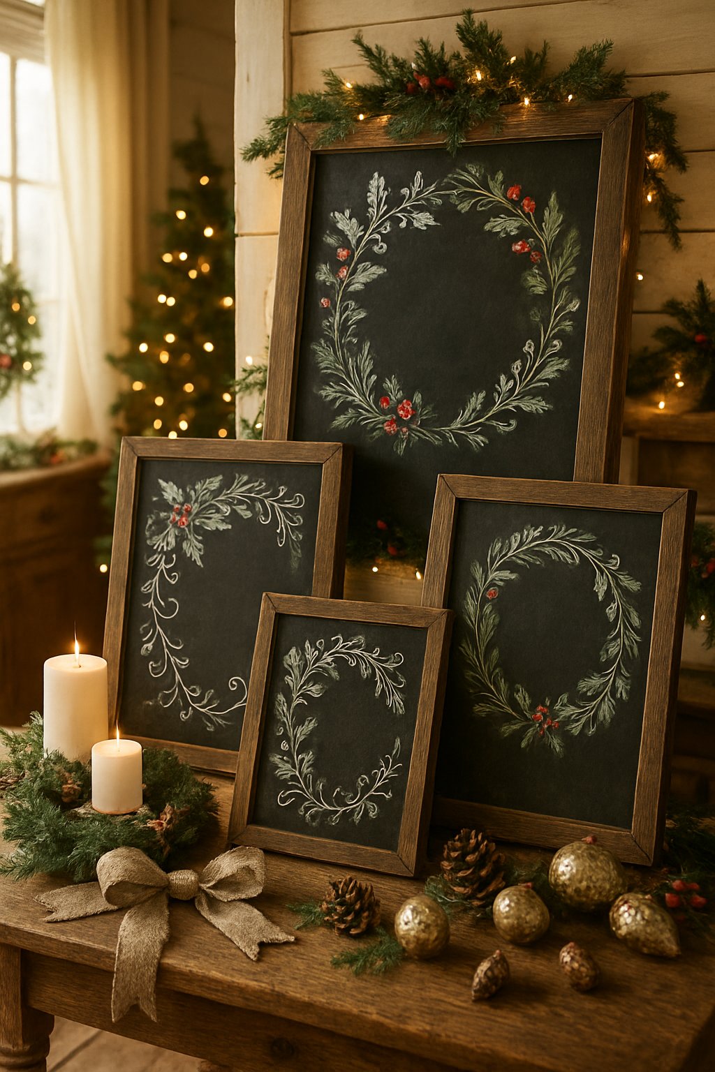A cozy farmhouse table decorated with chalkboard signs and various Christmas decorations including pine branches, candles, and ornaments.