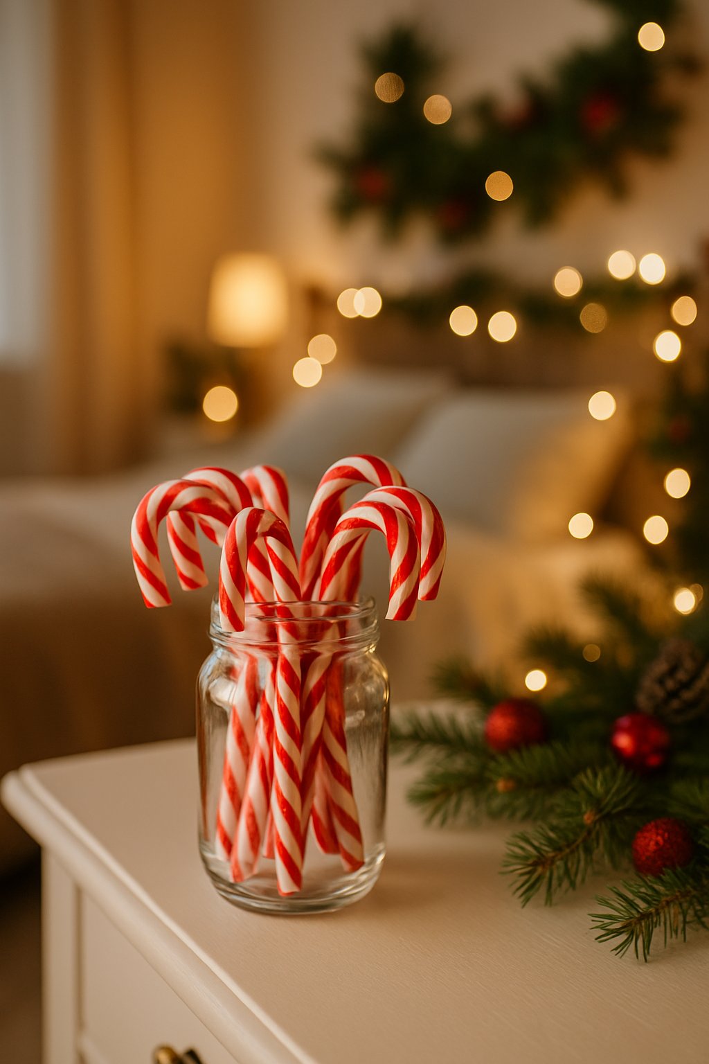 A glass jar filled with peppermint candy canes on a bedroom dresser decorated with Christmas ornaments and lights.