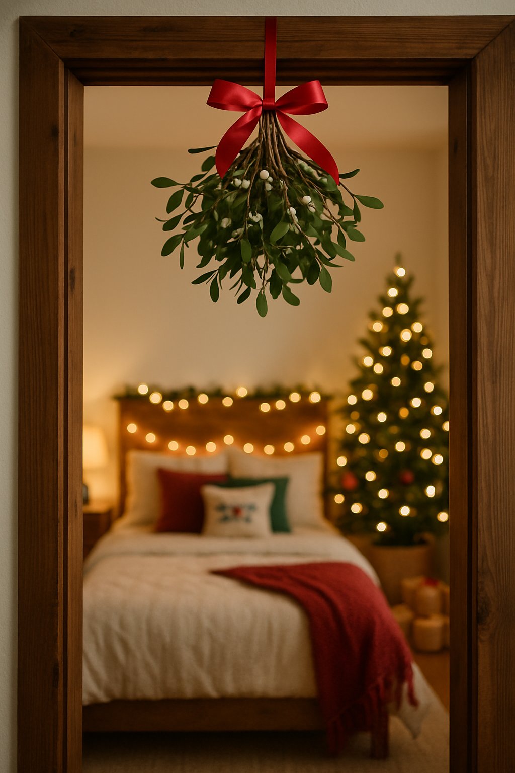 A bedroom with mistletoe hanging over a wooden doorway and Christmas decorations inside.