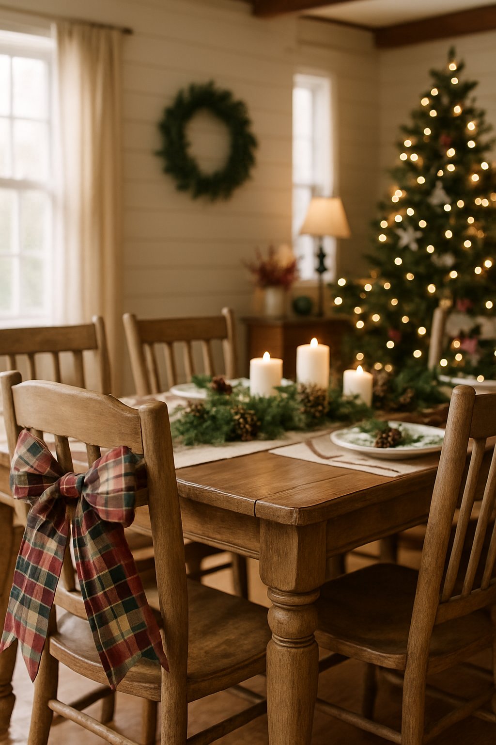 Wooden dining chairs decorated with large plaid ribbon bows in a farmhouse dining room during Christmas.