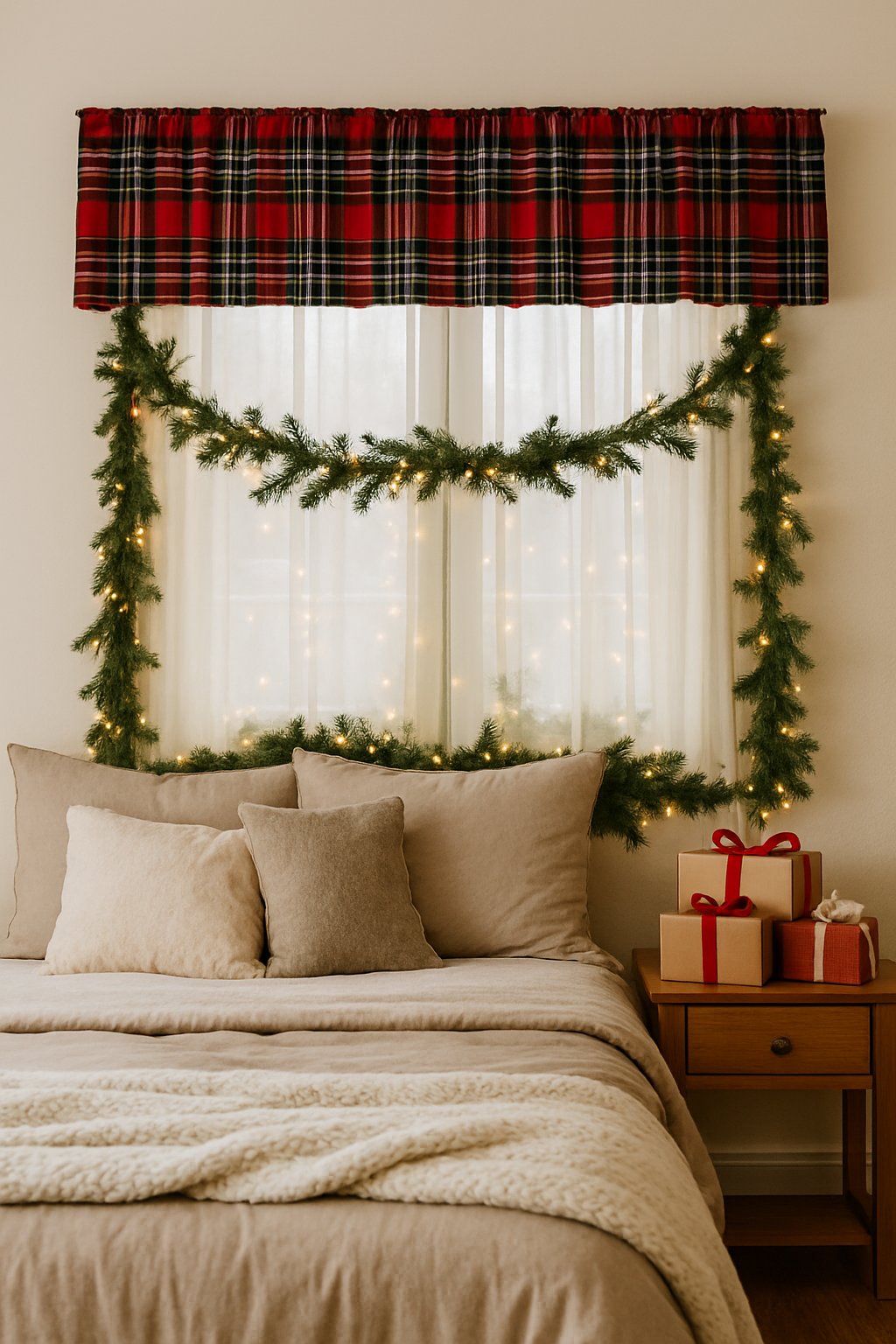 A bedroom window with a red plaid valance and Christmas decorations including pine garland, string lights, and wrapped presents.