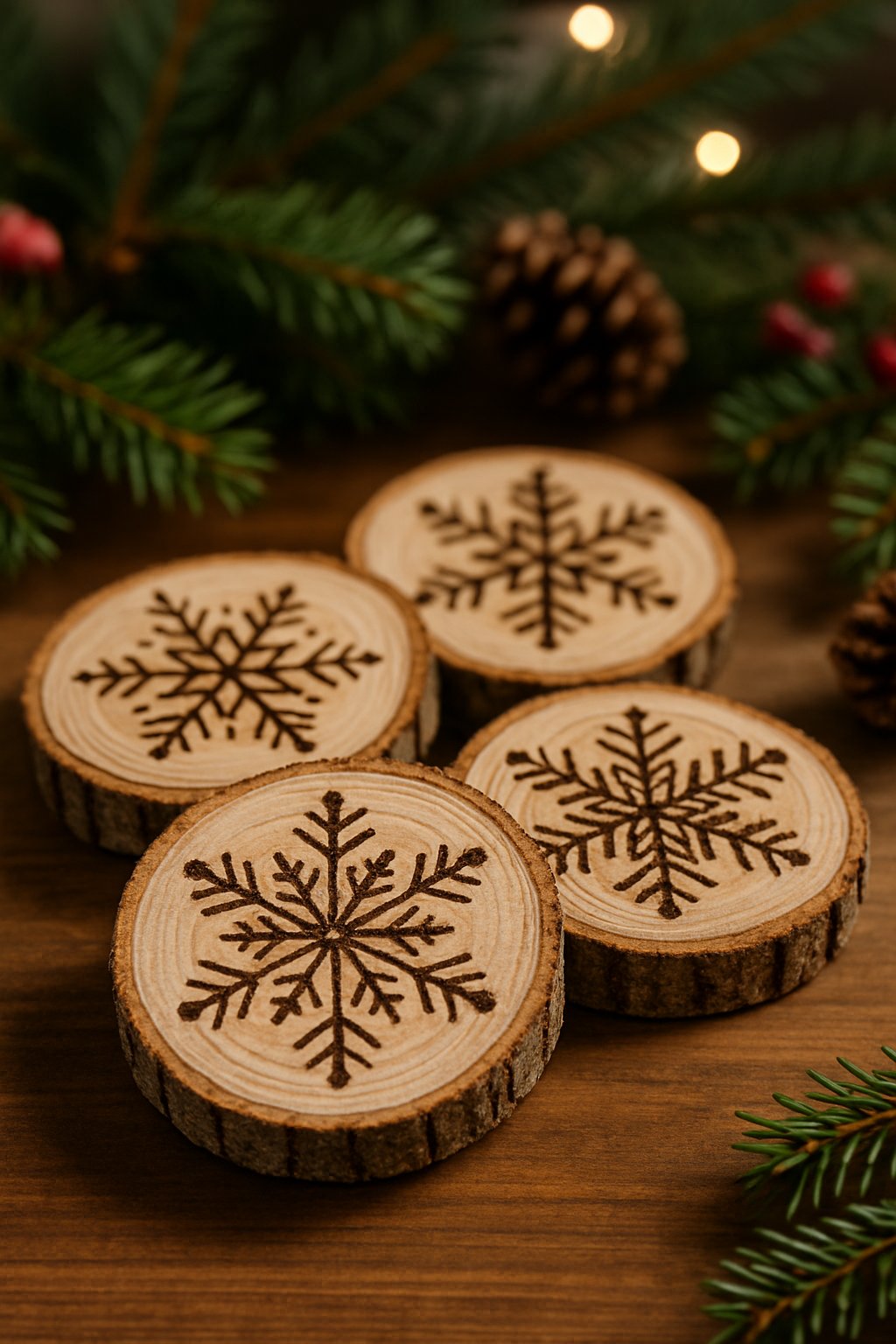 Wood slice coasters with burned-in snowflake designs arranged on a wooden surface surrounded by pine branches and pine cones.