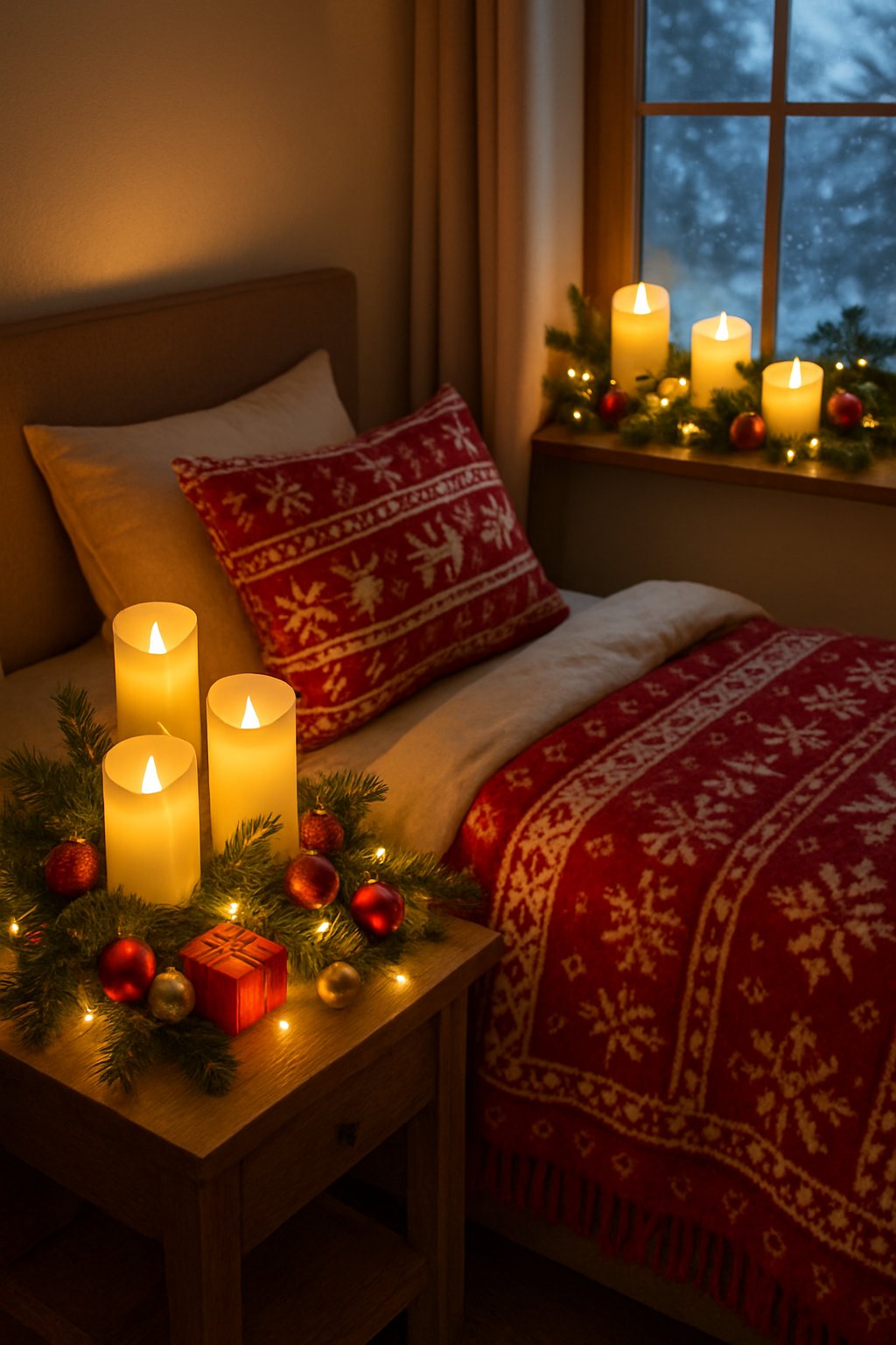 A bedroom decorated for Christmas with flameless candles glowing on a bedside table surrounded by festive ornaments and greenery.
